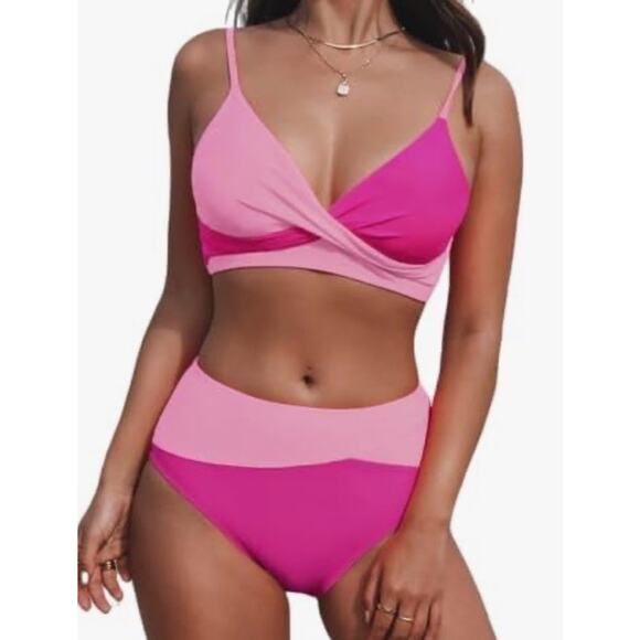 Women's Twist Front High Waisted‎ V-Neck Bikini Set Pink Size Large - Picture 1 of 7